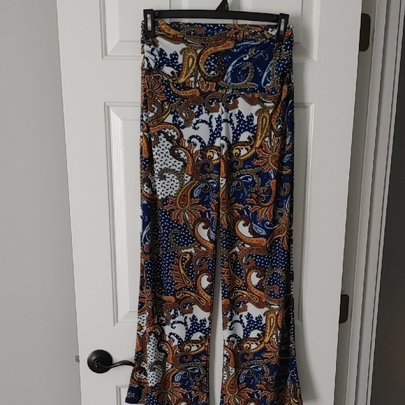 WinWin Paisley Flare Palazzo Pants in Blue and Brown Size L-XL Boho-Chic - Picture 4 of 6